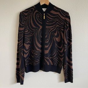 ST. JOHN SPORT Black Brown Wool Blend Swirl Print Mock Neck Full Zip Up Sweater